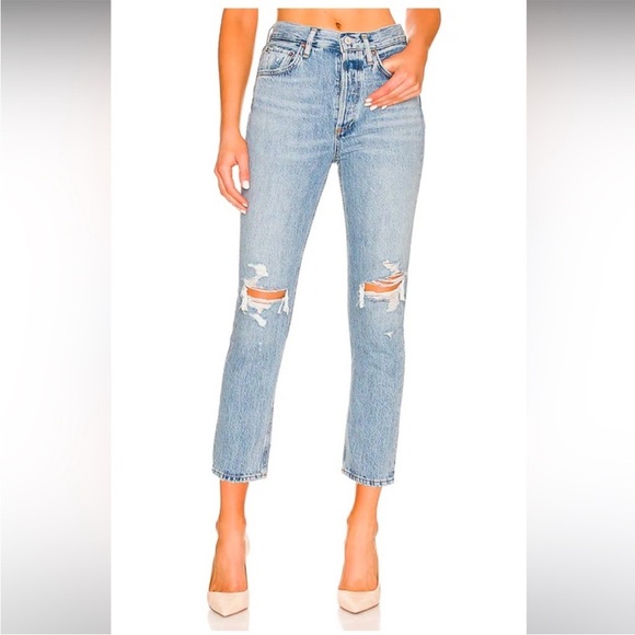 AGOLDE Riley High Rise Straight Crop Jean Light Wash Distressed knees Size 29 - Picture 1 of 12